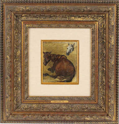 Сверчков Николай Егорович. Эскиз лежащей каурой лошади и головы белой лошади 